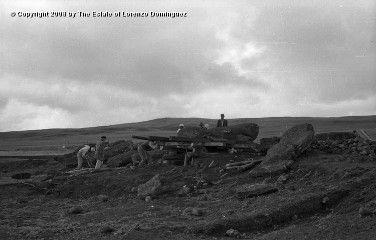AKI_Tareas_03.jpg - Easter Island. 1960. Ahu Akivi. Raising the moai in 1960. Restoration of the ahu  by William Mulloy.