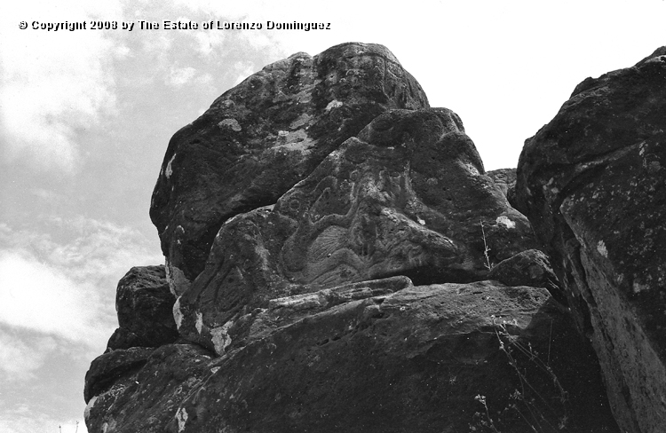 ORO_023.jpg - Easter Island. 1960. Orongo. Rocks on the cliffs with petroglyphs representing birdmen.