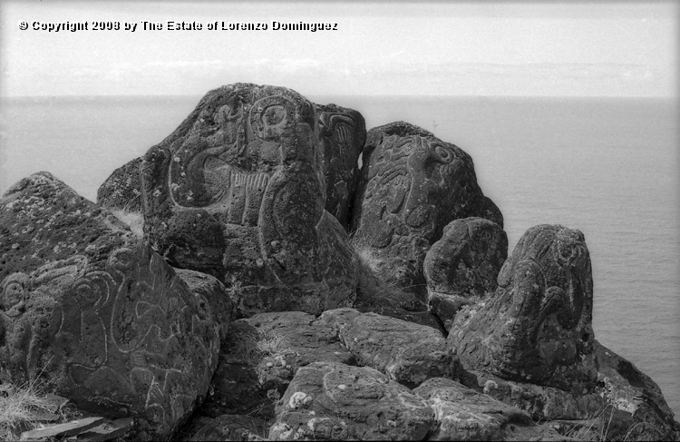 ORO_026.jpg - Easter Island. 1960. Orongo. Rocks on the cliffs with petroglyphs representing birdmen, makemake and komari.