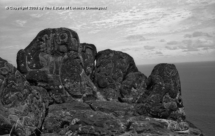 ORO_029.jpg - Easter Island. 1960. Orongo. Rocks on the cliffs with petroglyphs representing birdmen.
