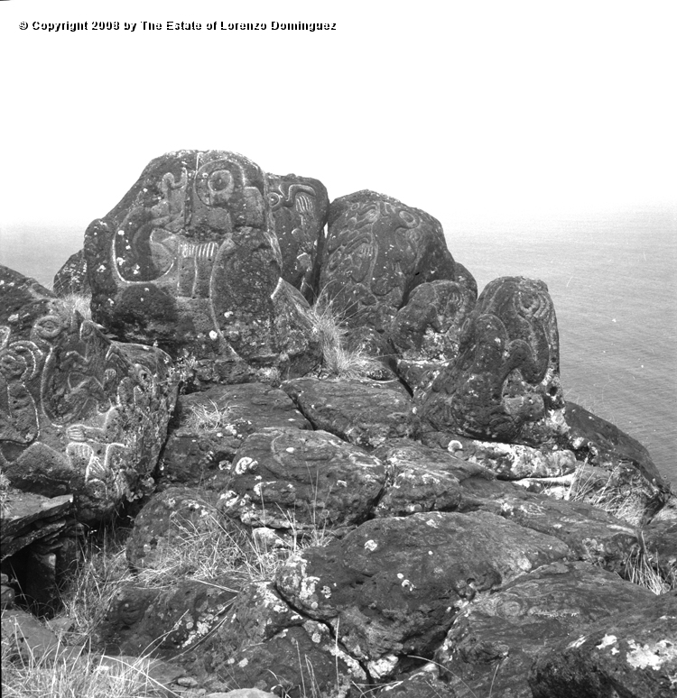 ORO_032.jpg - Easter Island. 1960. Orongo. Rocks on the cliffs with petroglyphs representing birdmen.