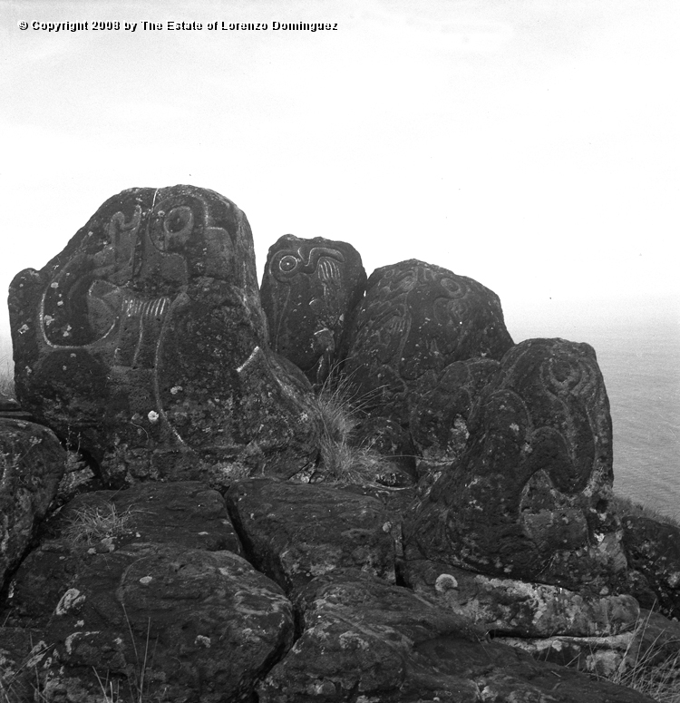 ORO_034.jpg - Easter Island. 1960. Orongo. Rocks on the cliffs with petroglyphs representing birdmen.