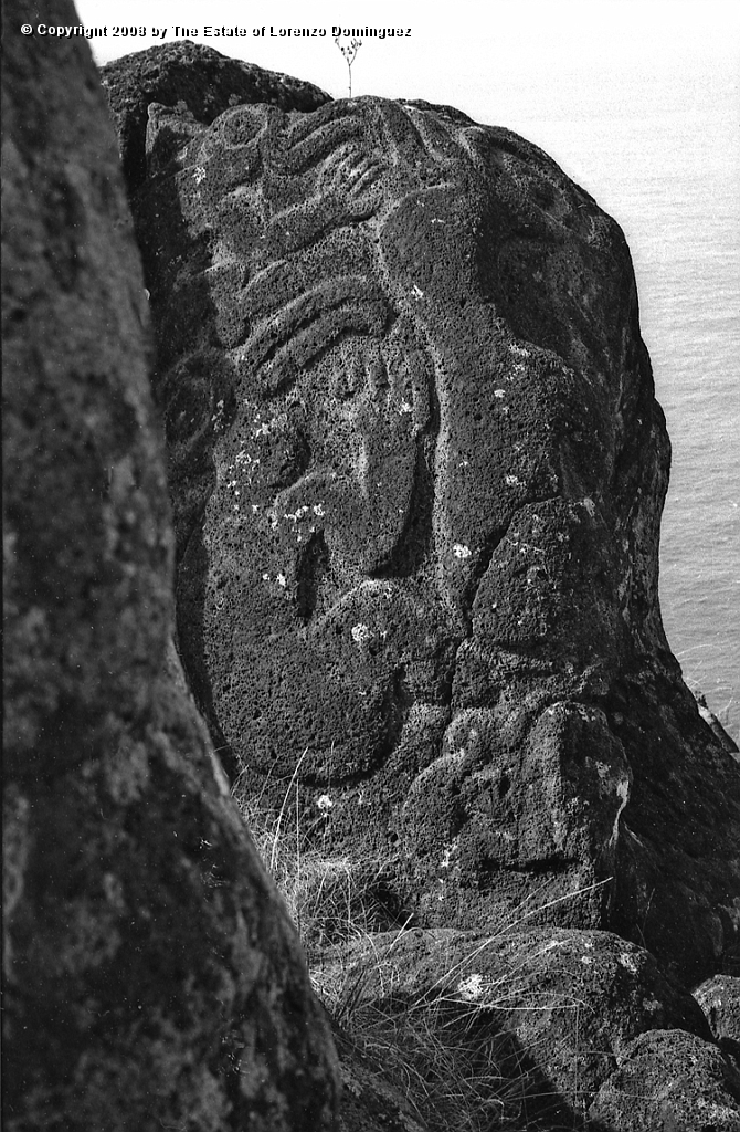 ORO_049.jpg - Easter Island. 1960. Orongo. Rocks on the cliffs with petroglyphs representing birdmen.