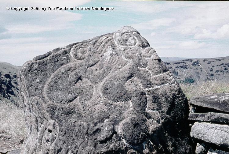 ORO_066.jpg - Easter Island. 1960. Orongo. Rocks with petroglyphs representing birdmen and makemake.