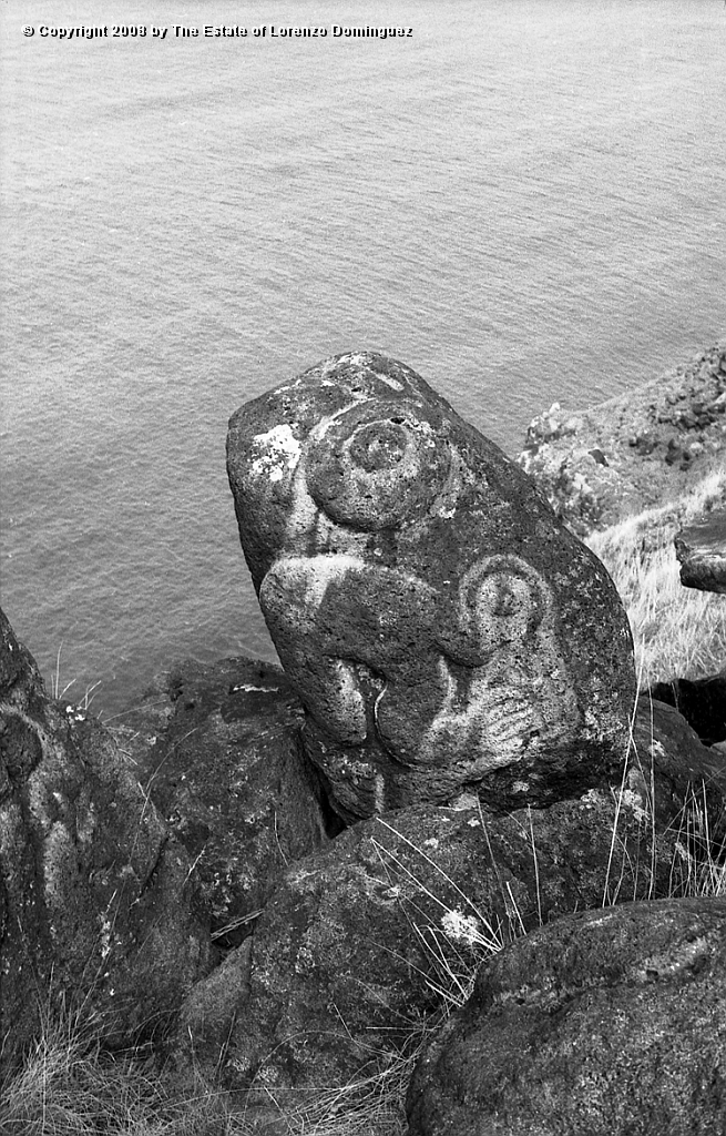 ORO_071.jpg - Easter Island. 1960. Orongo. Rocks on the cliffs with petroglyphs representing birdmen.