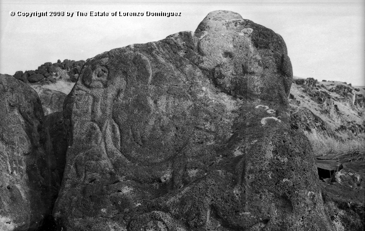 ORO_076.jpg - Easter Island. 1960. Orongo. Rocks on the cliffs with petroglyphs representing birdmen.